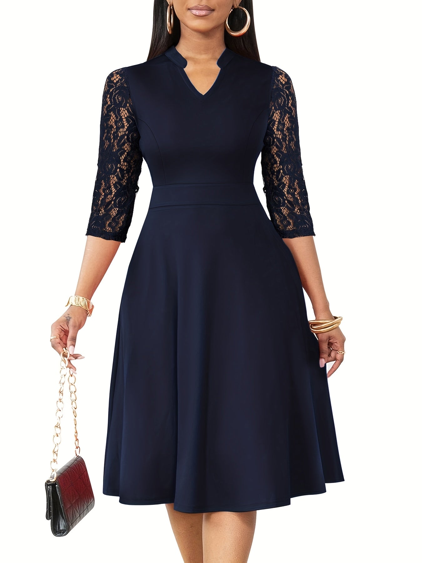 Elegant Lace Sleeve Midi Dress for Women with Notched Neck Three Quarter Sleeve Fit and Flare Cocktail Style