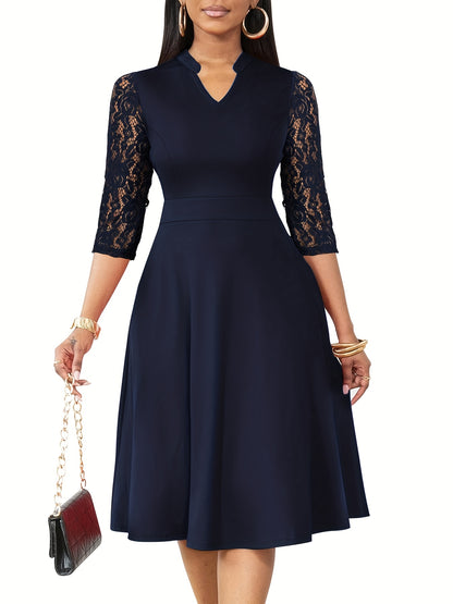 Elegant Lace Sleeve Midi Dress for Women with Notched Neck Three Quarter Sleeve Fit and Flare Cocktail Style