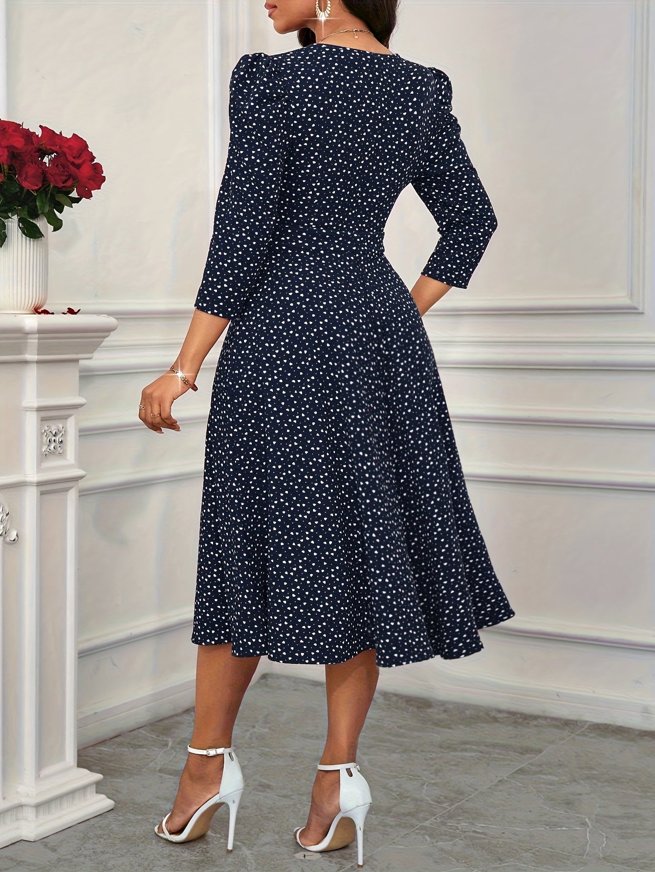 Elegant Polka Dot Midi Dress for Women with V Neck Puff Sleeve Fit and Flare Cocktail Style