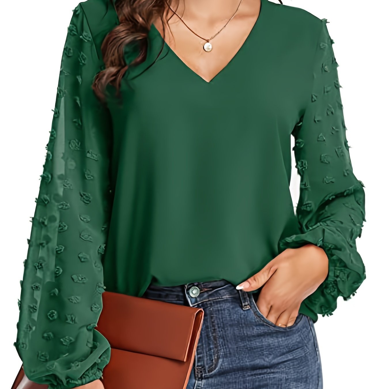 Elegant Swiss Dot Blouse for Women with V Neck Balloon Sleeve Sheer Cuff Relaxed Style