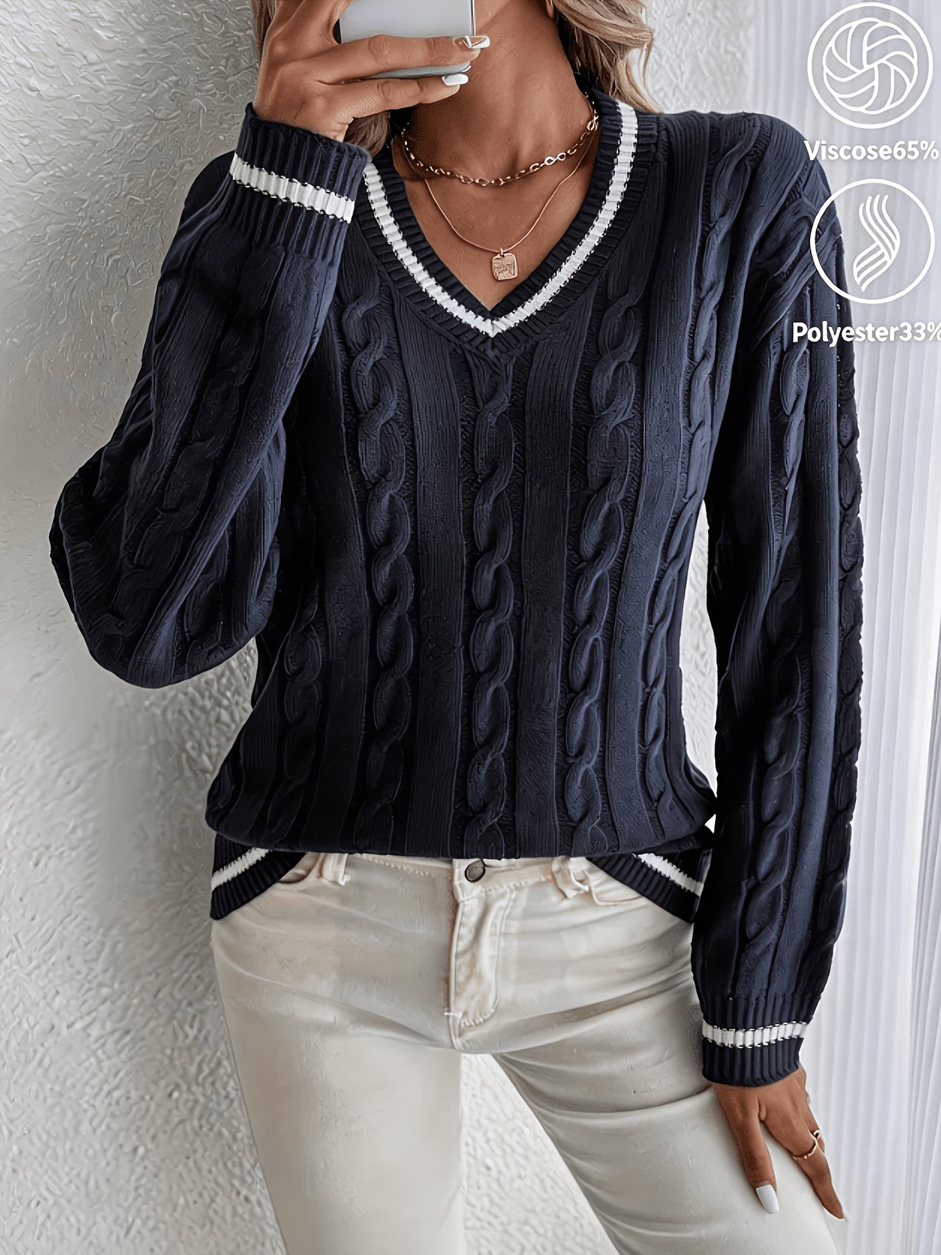 Comfortable Cable Knit Sweater for Women with V Neck Long Sleeve Contrast Stripe Relaxed Varsity Style