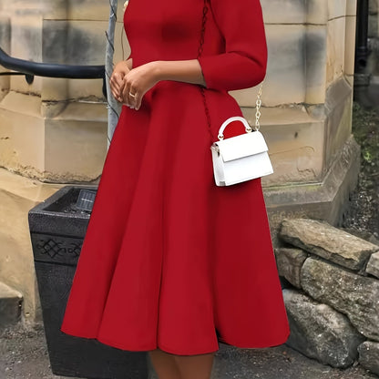 Elegant A Line Midi Dress for Women with Round Neck Elbow Sleeve Fit and Flare Style