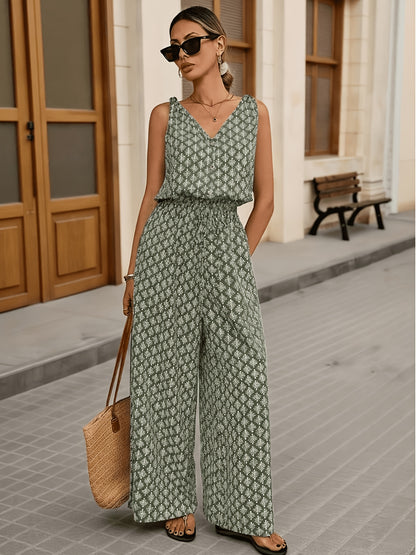 Effortless Olive Geometric Print Jumpsuit for Women with V Neck Sleeveless Button Front Wide Leg Style
