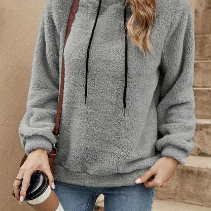 [Women's Teddy Hoodie] Women's Solid Color Teddy Hoodie - Casual Long Sleeve Drawstring Hooded Sweatshirt - Clothing