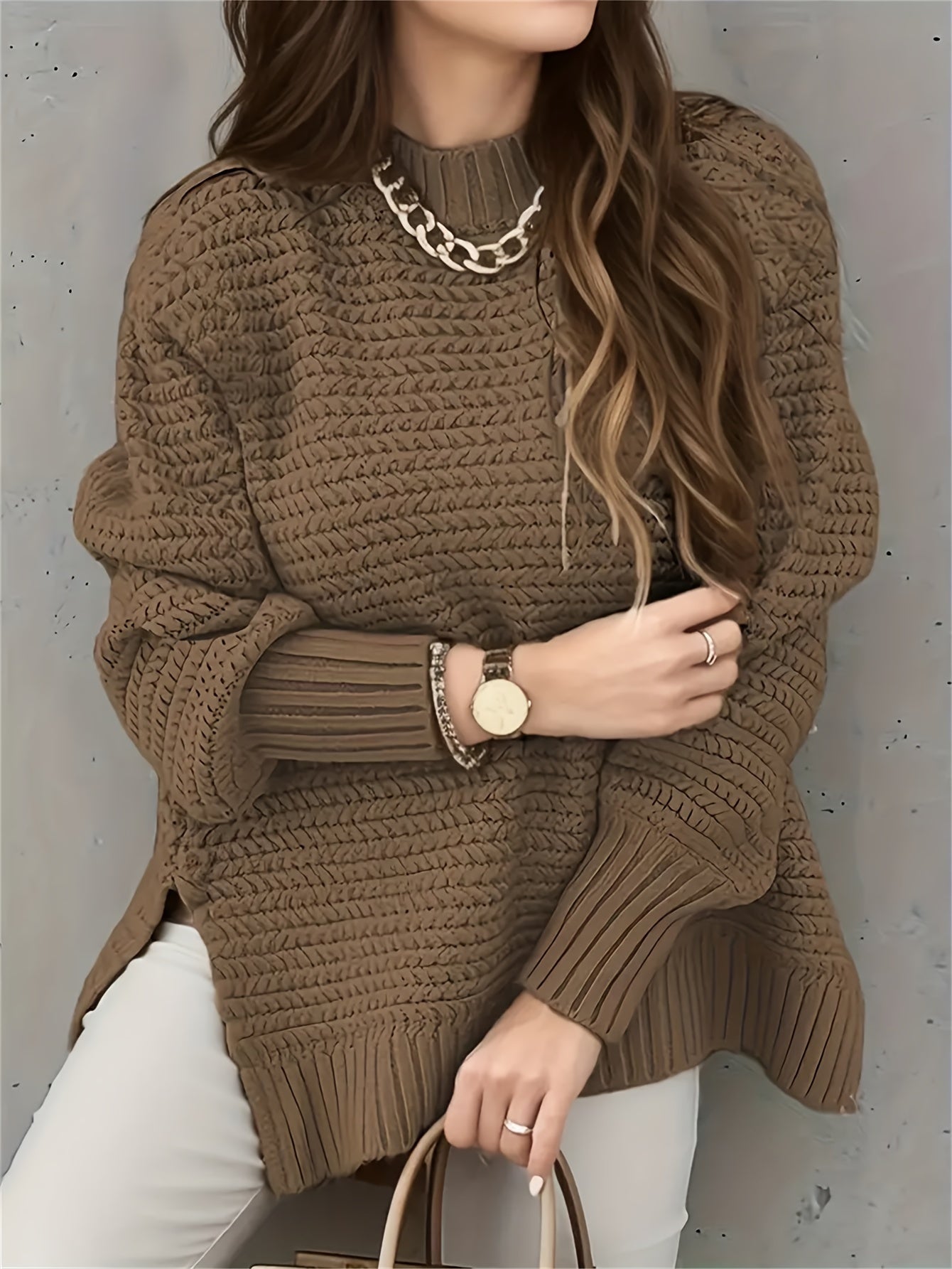 Comfortable Textured Knit Sweater for Women with Mock Neck Long Sleeve Side Slit Oversized Style