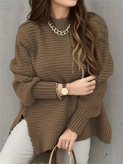 Comfortable Textured Knit Sweater for Women with Mock Neck Long Sleeve Side Slit Oversized Style