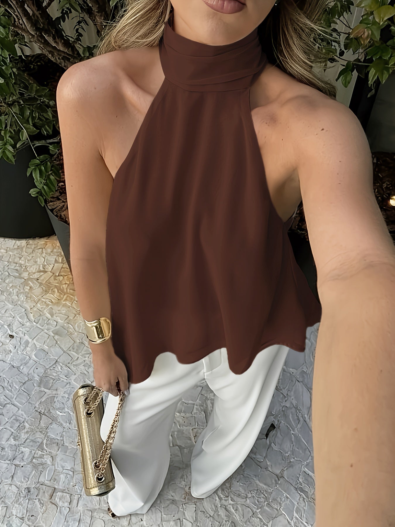 Elegant Chiffon Halter Blouse for Women with High Neck Sleeveless Flowing Asymmetrical Style
