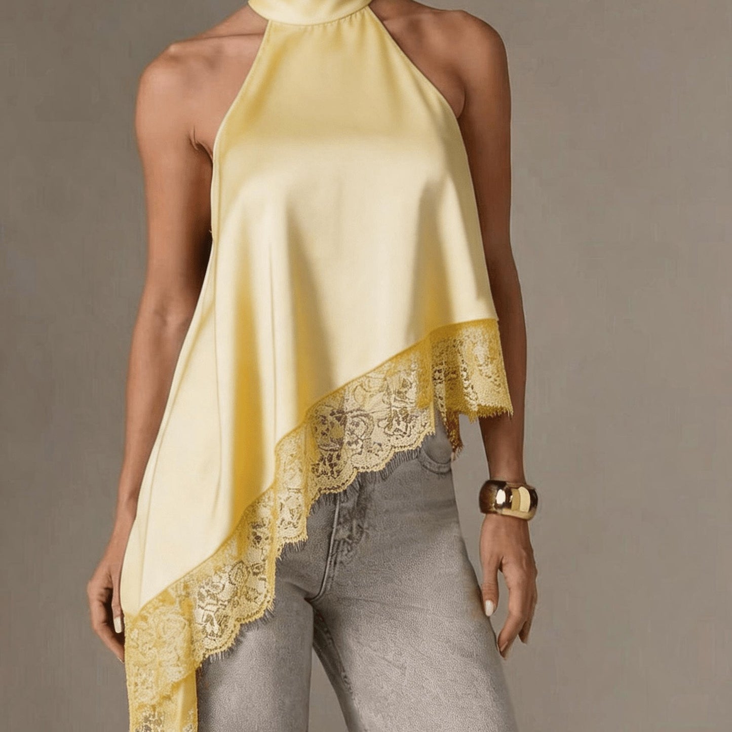 Irregular Patchwork Lace Neckline Halter Top, Women's Elegant Vest