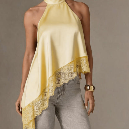 Irregular Patchwork Lace Neckline Halter Top, Women's Elegant Vest