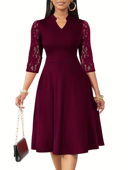 Elegant Lace Sleeve Midi Dress for Women with Notched Neck Three Quarter Sleeve Fit and Flare Cocktail Style