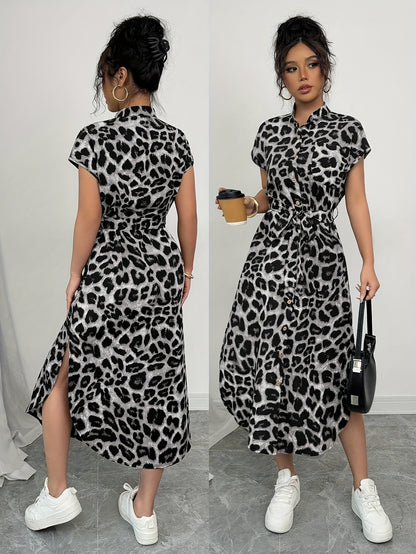 Elegant Leopard Print Midi Dress for Women - Short Sleeve, High-Low Hem, Button-Up Front, Machine Washable, Perfect for Casual or Vacation Style, Versatile Midi Dress | Short Sleeve Dress | Vacation Wear
