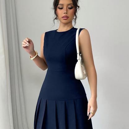 Elegant Pleated Mini Dress for Women with Round Neck Sleeveless Fit and Flare Cocktail Style