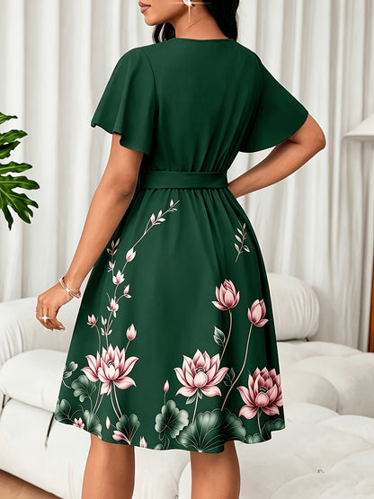 Elegant Floral Midi Dress for Women with V Neck Flutter Sleeve Bow Belt Flowing Style