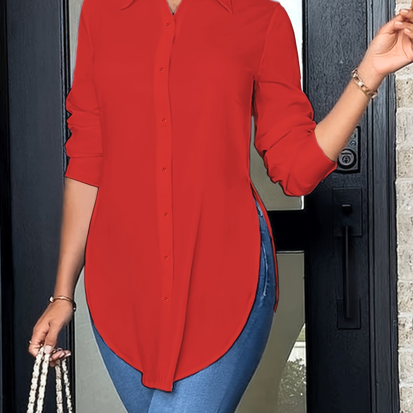 Effortless Longline Tunic Blouse for Women with Collar Long Sleeve High Low Hem Relaxed Style