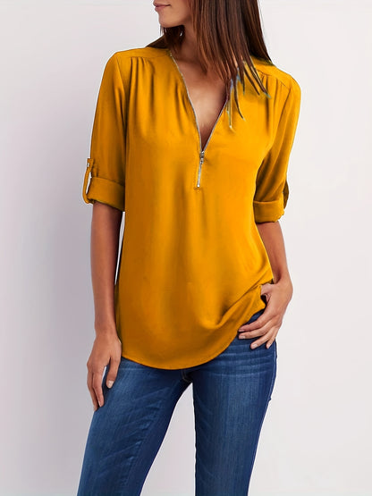 Effortless Chiffon Blouse for Women with Zip V Neck Roll Tab Sleeve Relaxed Casual Style
