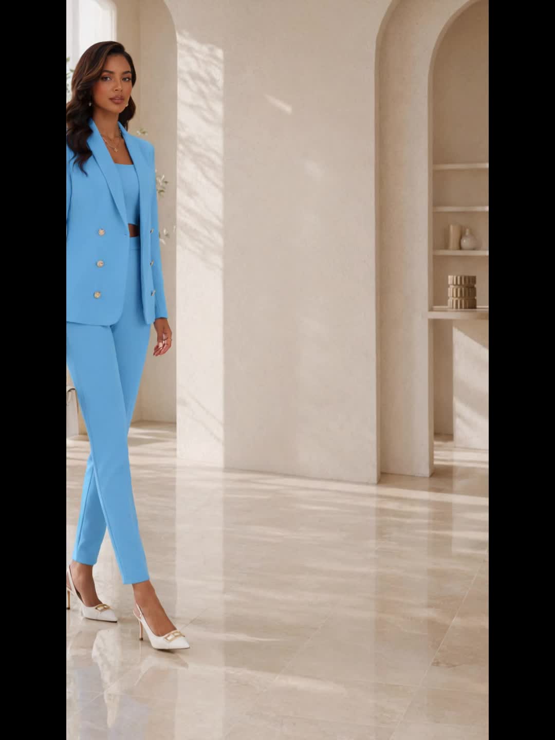 Elegant Tailored Three Piece Set for Women with Notched Lapel Long Sleeve Gold Button Formal Style