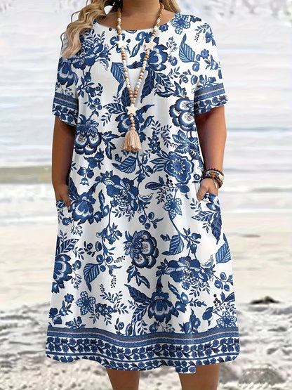 Effortless Blue Floral Midi Dress for Women with Round Neck Short Sleeve Relaxed Pocket Bohemian Style