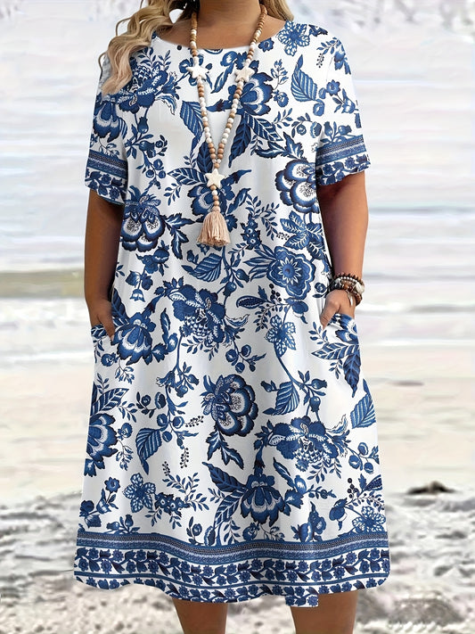 Effortless Blue Floral Midi Dress for Women with Round Neck Short Sleeve Relaxed Pocket Bohemian Style