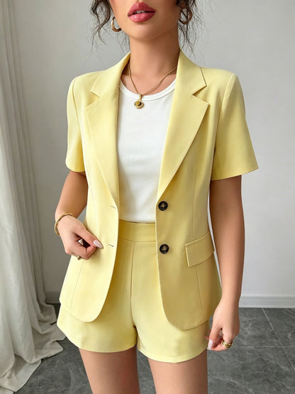 Elegant Tailored Blazer Two Piece Set for Women with Notch Lapel Short Sleeve Button Front Shorts Style