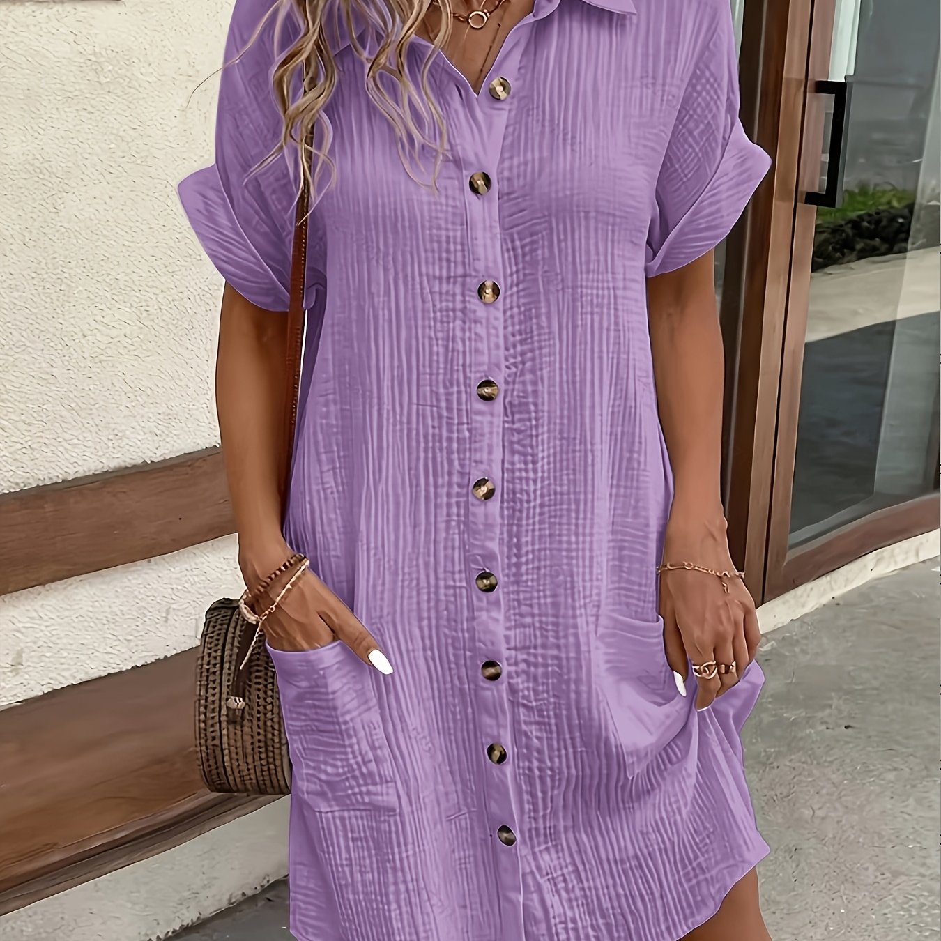 Effortless Textured Cotton Shirt Dress for Women with Collar Short Sleeve Button Front Relaxed Style