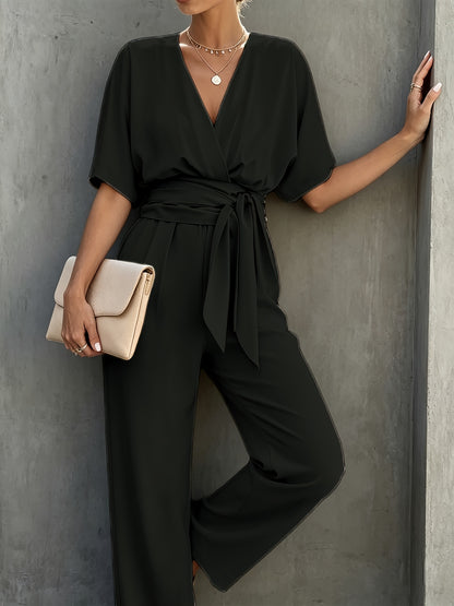 Elegant Wrap Jumpsuit for Women with V Neck Kimono Sleeve Belted Wide Leg Style