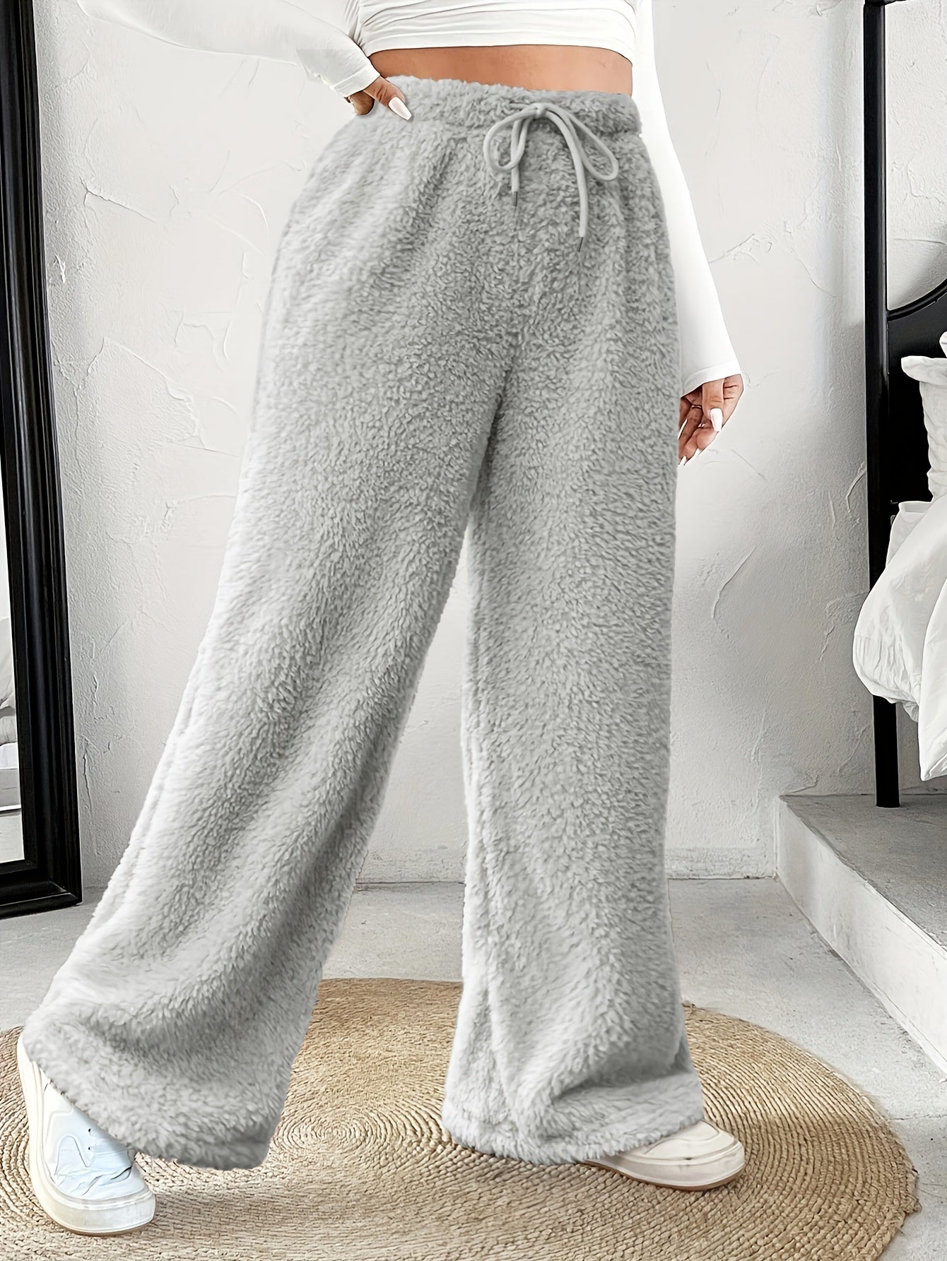 Comfortable Sherpa Wide Leg Pants for Women with High Waist Drawstring Relaxed Flowing Casual Style