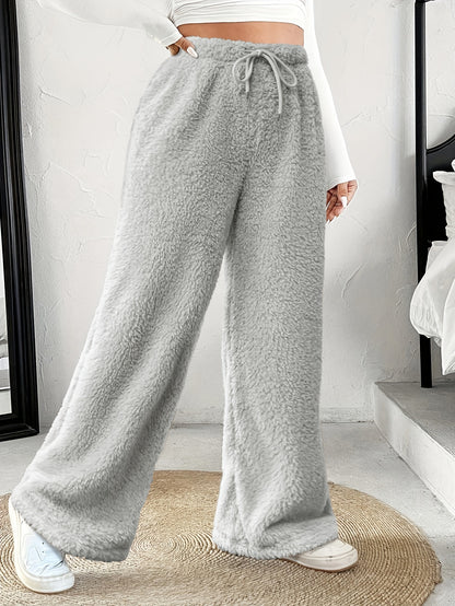 Comfortable Sherpa Wide Leg Pants for Women with High Waist Drawstring Relaxed Flowing Casual Style