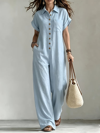 Effortless Linen Jumpsuit for Women with Collar Short Sleeve Button Front Wide Leg Casual Style