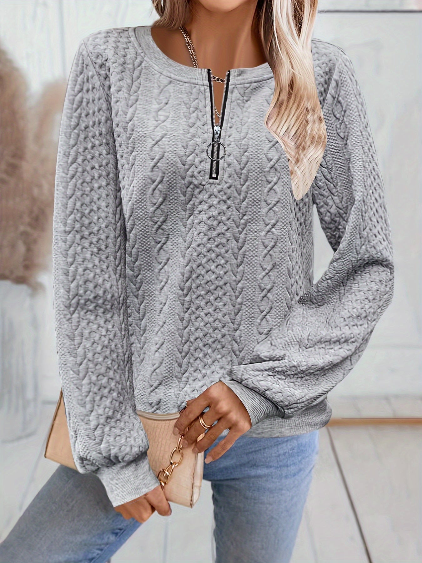 Comfortable Cable Knit Sweater for Women with Zip Neck Long Sleeve Relaxed Casual Style