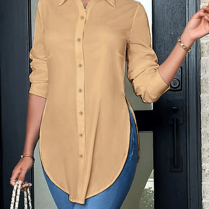 Effortless Longline Tunic Blouse for Women with Collar Long Sleeve High Low Hem Relaxed Style