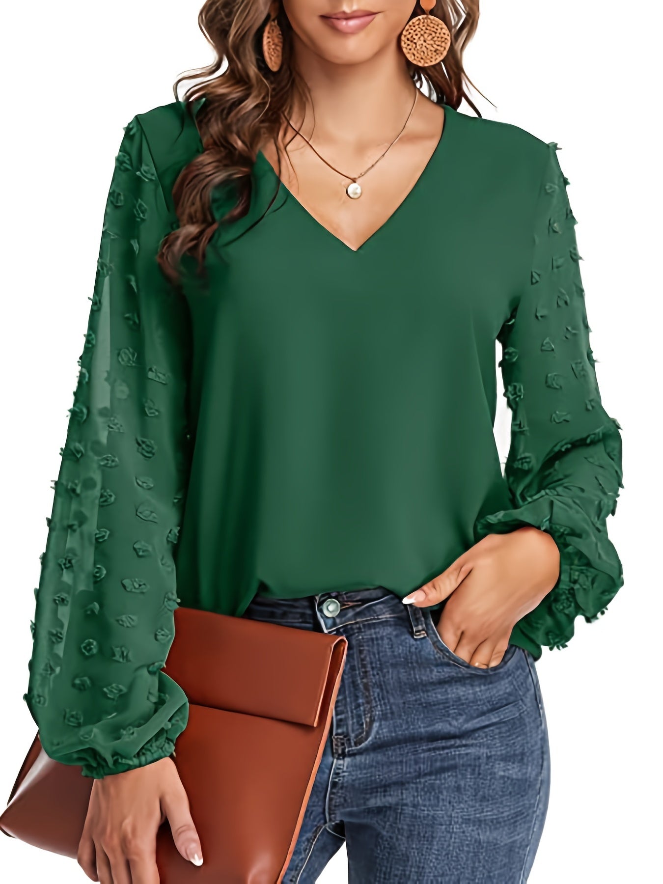 Elegant Swiss Dot Blouse for Women with V Neck Balloon Sleeve Sheer Cuff Relaxed Style