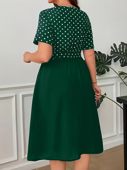 Elegant Polka Dot Midi Dress for Women with Notch Neck Short Sleeve Tie Waist Belted Style