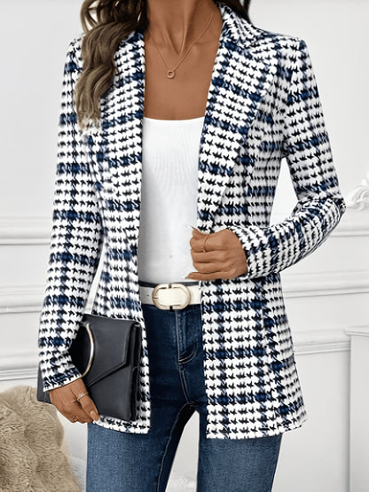 Elegant Black and Blue Houndstooth Blazer for Women with Notched Lapel Long Sleeve Open Front Tailored Style