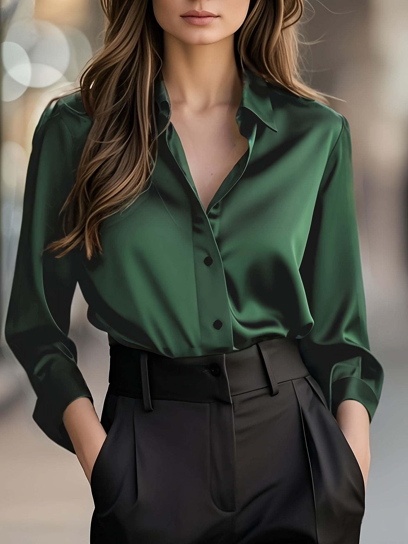 Elegant Satin Blouse for Women with Notched Collar Long Sleeve Button Front Silky Style