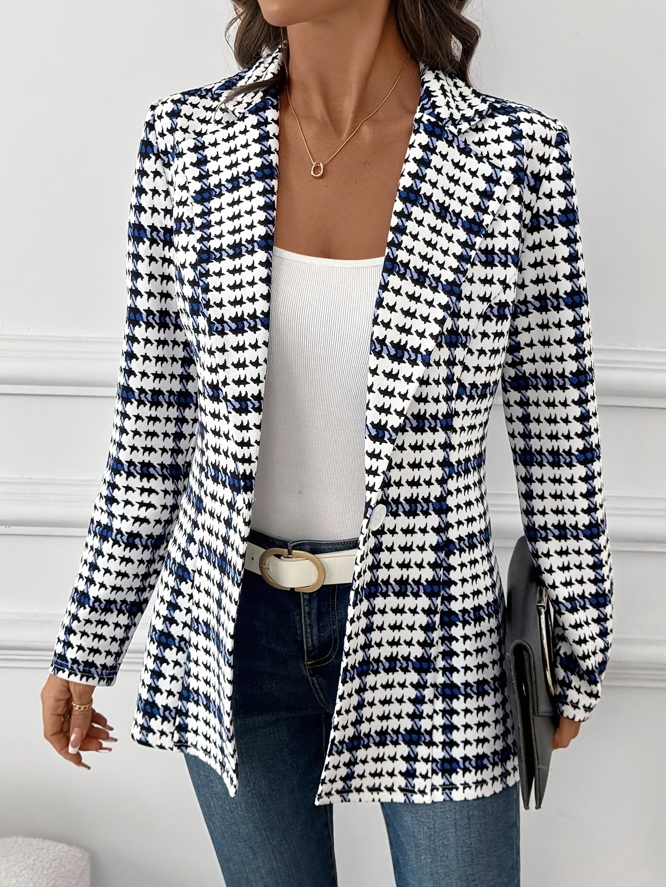 Elegant Plaid Blazer for Women, Versatile Everyday Long-Sleeve, Classic Commuter, Autumn, Houndstooth