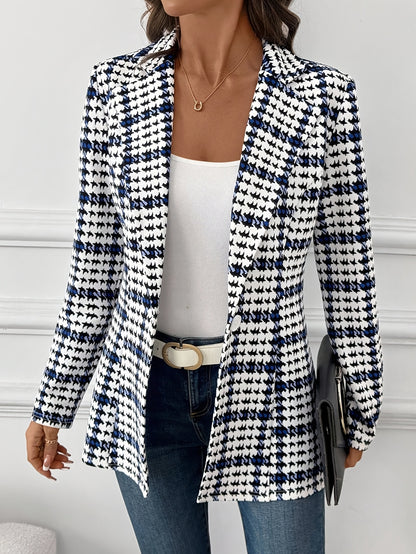 Elegant Plaid Blazer for Women, Versatile Everyday Long-Sleeve, Classic Commuter, Autumn, Houndstooth