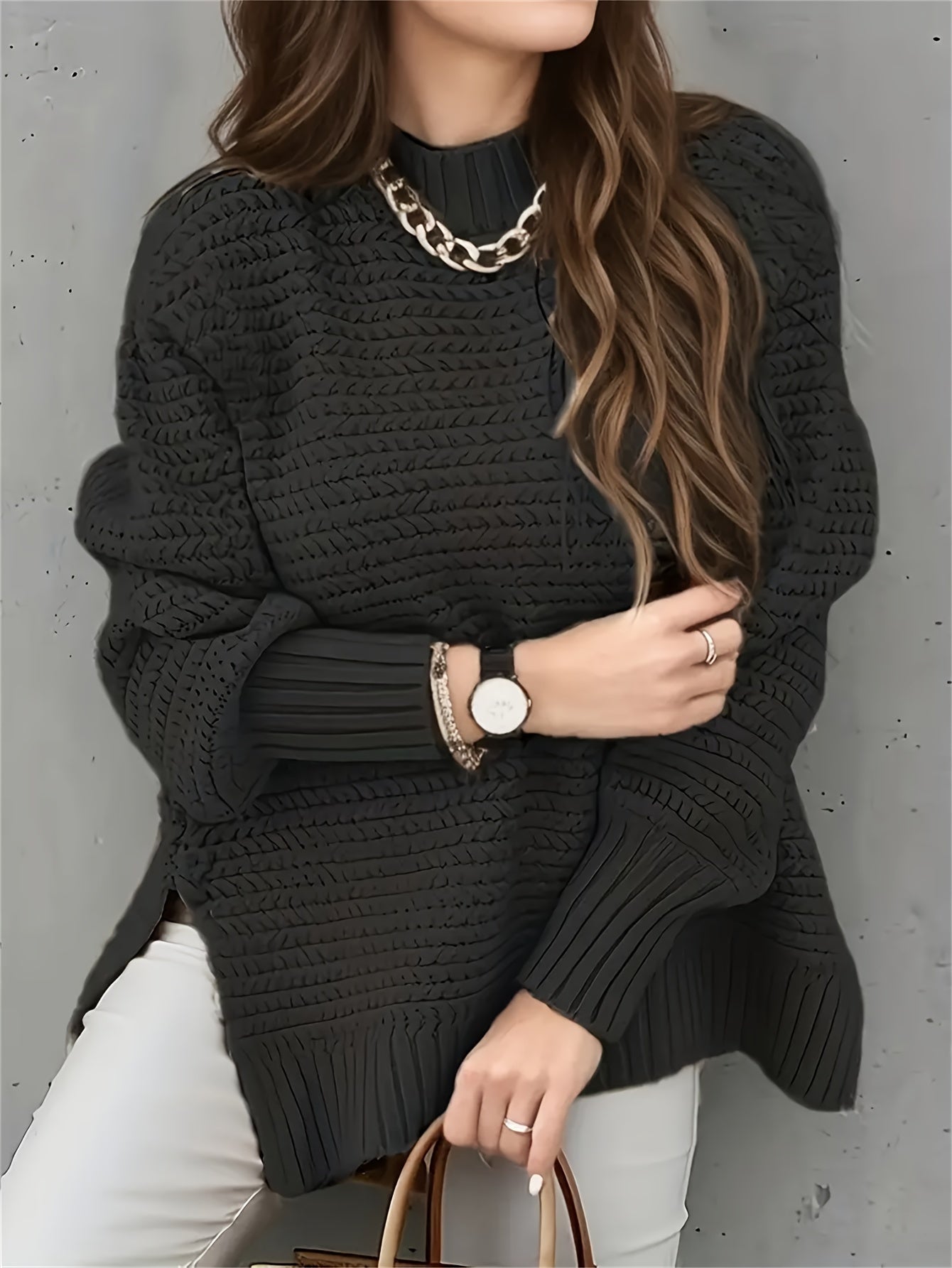 Comfortable Textured Knit Sweater for Women with Mock Neck Long Sleeve Side Slit Oversized Style