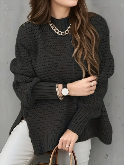 Comfortable Textured Knit Sweater for Women with Mock Neck Long Sleeve Side Slit Oversized Style