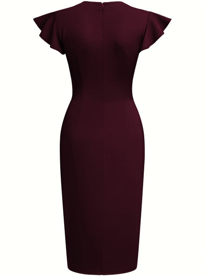 Elegant Studded Sheath Dress for Women with Round Neck Flutter Sleeve Ruched Waist Formal Style