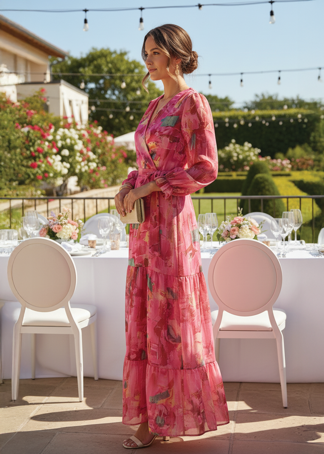 Elegant Pink Floral Maxi Dress for Women with Wrap V Neck Long Sleeve Tiered Formal Wedding Guest Style