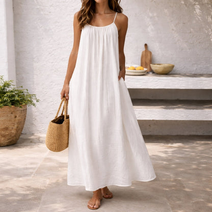 Effortless Linen Maxi Dress for Women with Scoop Neck Spaghetti Strap Flowy A Line Style