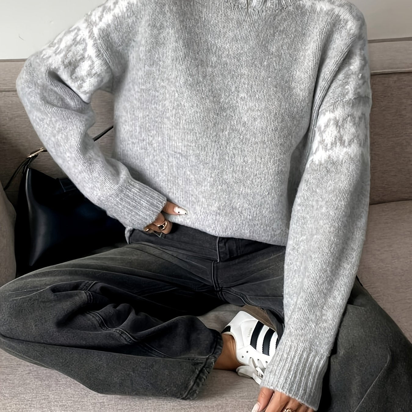 Comfortable Grey Jacquard Sweater for Women with High Neck Long Sleeve Relaxed Oversized Knit Style