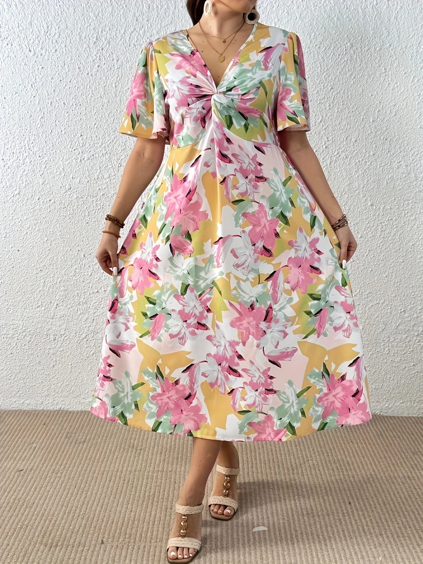 Elegant Leopard Print Midi Dress for Women with V Neck Flutter Sleeve Twist Front Flowing Style