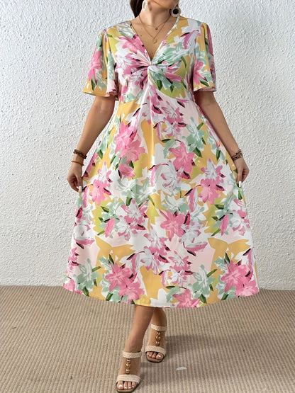 Elegant Leopard Print Midi Dress for Women with V Neck Flutter Sleeve Twist Front Flowing Style