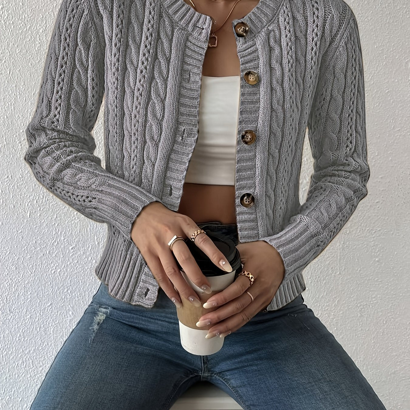 Comfortable Cable Knit Cardigan for Women with Crew Neck Long Sleeve Button Front Cropped Casual Style