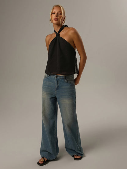 Elegant Black Swiss Dot Halter Top for Women with Sleeveless Sheer Tie Back Cropped Style