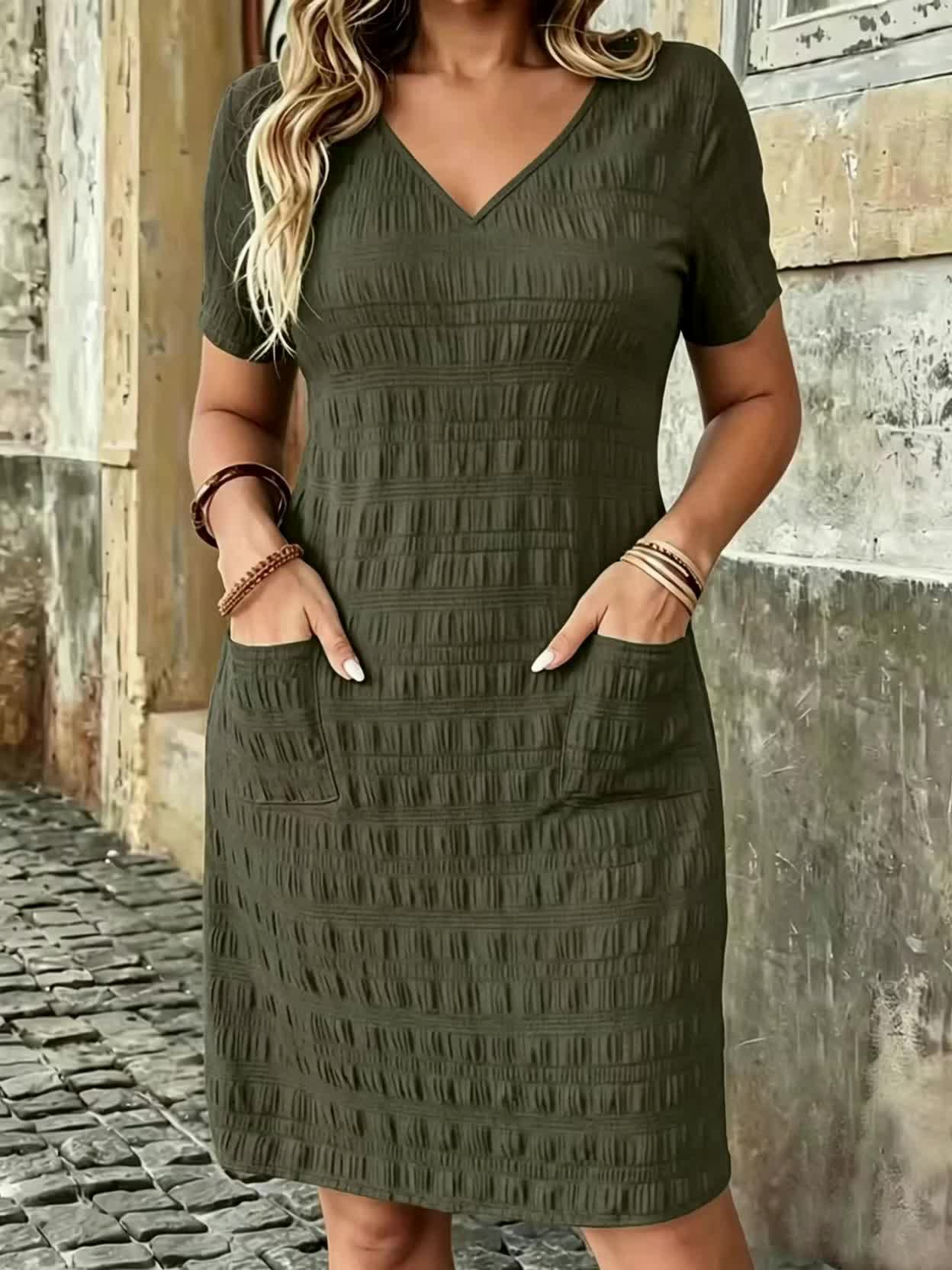 Effortless Textured Shift Dress for Women with V Neck Short Sleeve Side Pocket Relaxed Casual Style