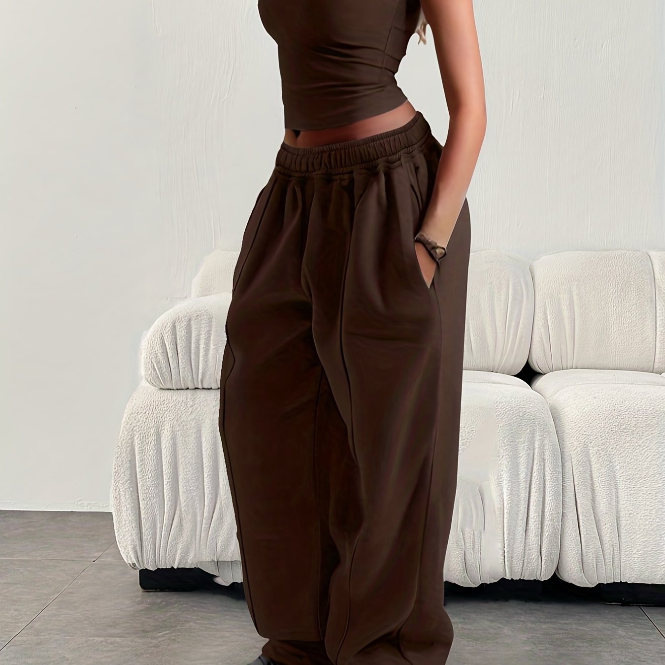 Women'S Casual Loose Easy Solid Color Elastic Waist Athletic Pants