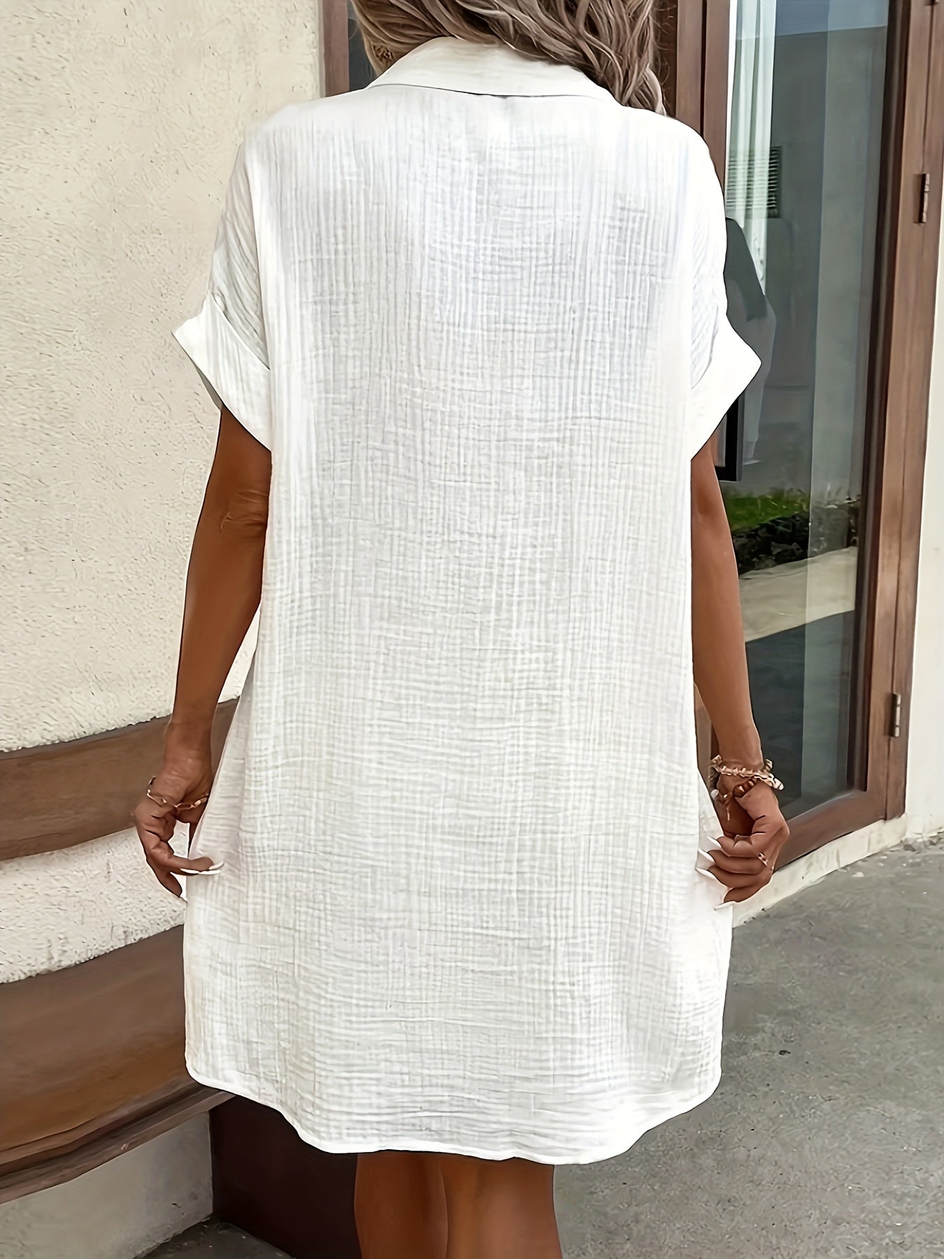 Effortless Textured Cotton Shirt Dress for Women with Collar Short Sleeve Button Front Relaxed Style