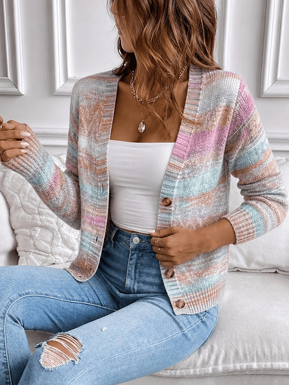 Comfortable Space Dye Cardigan Sweater for Women with V Neck Long Sleeve Button Front Relaxed Knit Style